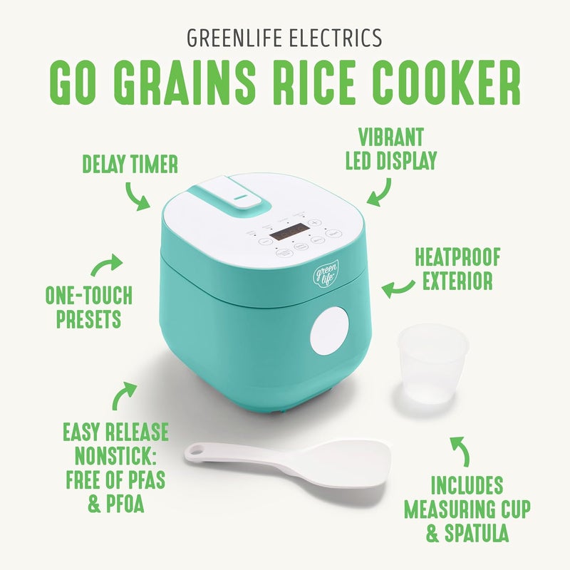 GreenLife طباخ أرز رقمي، 2 كوب غير مطبوخ/4 أكواب مطبوخة، وعاء سيراميك غير لاصق قابل للإزالة وخالي من PFAS، إعدادات لمسة واحدة، شوفان، كينوا، أرز بني، وظيفة الاحتفاظ بالحرارة تلقائيًا، تقنية المنطق الضبابي، 1.5 QT، تركوازي - Image 3